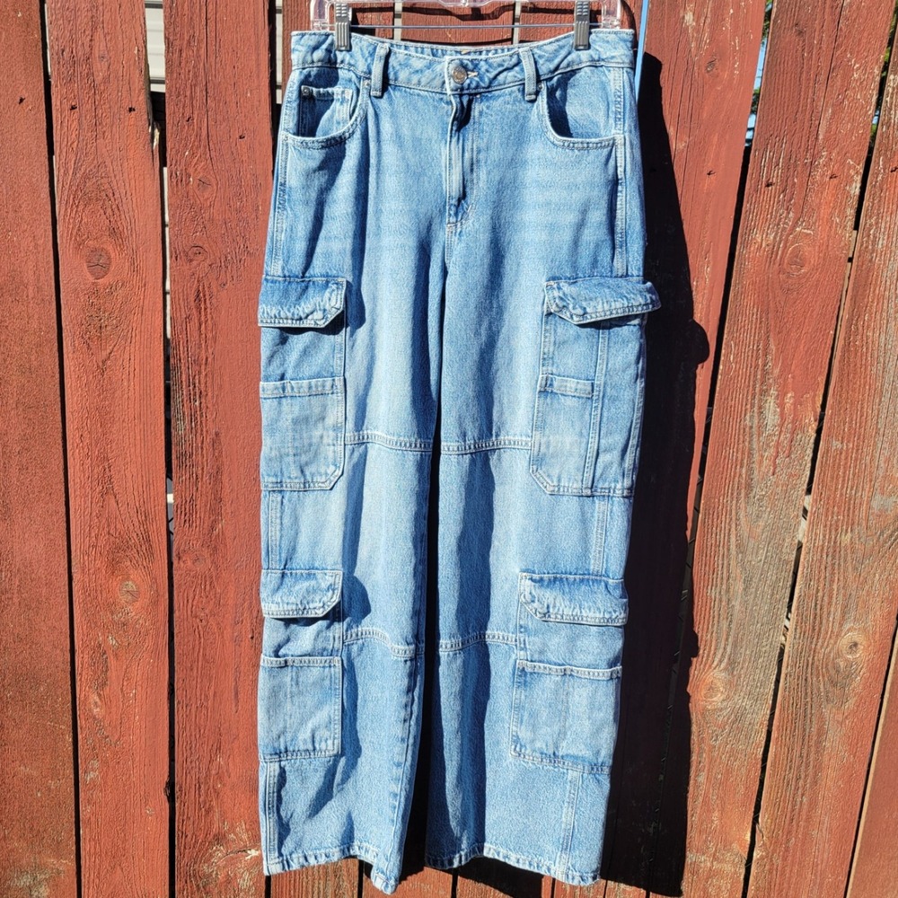 Garage Denim Wide Leg Cargo Jeans Med Wash Blue Size 9 Baggy Utility Y2K Style